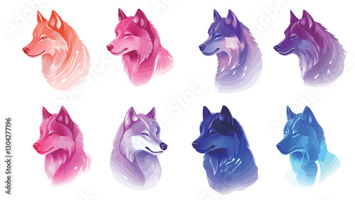 Eight stylized wolf head portraits rendered in various pastel color palettes. Each wolf is depicted in profile view, with a soft, painterly style and subtle gradient shading. The background