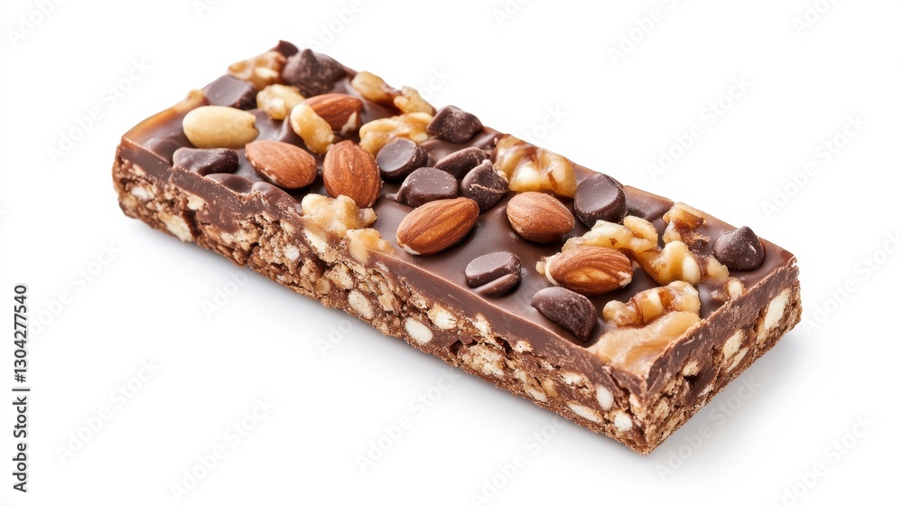 Chocolate coated protein bar sprinkled with almonds, walnuts, and chocolate chips, presenting nutritious energy against pristine white surface Chocolate coated protein bar sprinkled with almonds, walnuts, and chocolate chips, presenting nutritious energy against pristine white surface