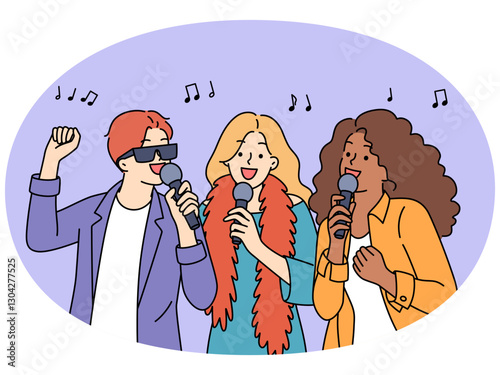 Smiling people have fun singing karaoke