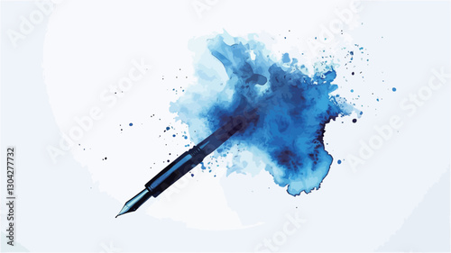 Close-up shot of a fountain pen with a dynamic blue ink splash emanating from its nib against a white background. The ink splash is irregular and textured, showing a variety of shades of