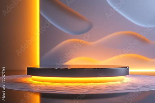 Minimalistic podium with illuminated base and reflective surface, perfect for product showcases.