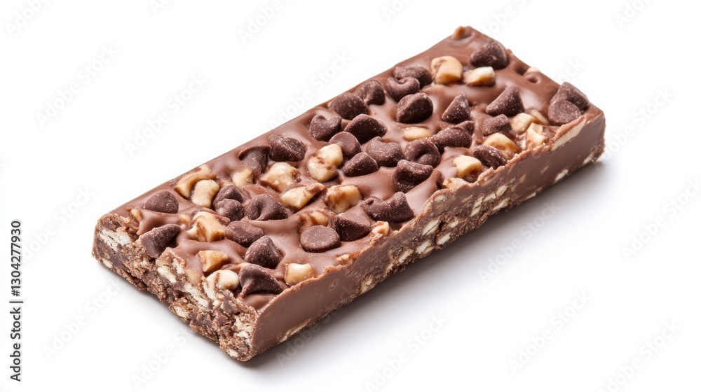 Chocolate coated protein bar garnished with chocolate chips, sitting on pristine white surface, highlighting nutritional energy bar for health conscious consumers Chocolate coated protein bar garnished with chocolate chips, sitting on pristine white surface, highlighting nutritional energy bar for health conscious consumers