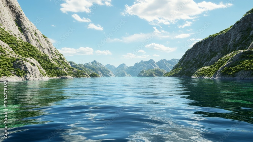 Calm Lake Surrounded by Lush Green Mountains Under a Partly Cloudy Sky Calm Lake Surrounded by Lush Green Mountains Under a Partly Cloudy Sky
