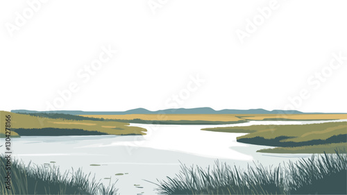 The image is a digital painting or illustration depicting a tranquil river landscape. The color palette is muted and pastel, with greens, whites, and light blues dominating.  The river