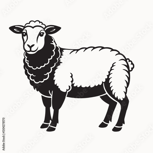 Cute Sheep and Ram isolated retro illustration. Standing sheep silhouette vector cartoon illustration isolated on white background