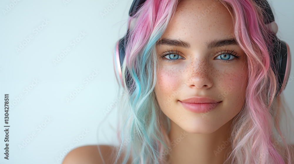 Close up portrait of beautiful young woman with pink hair and headphones. Close up portrait of beautiful young woman with pink hair and headphones.