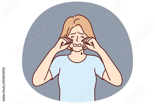 Crying woman wipes tears with hands because of breakup with boyfriend or depression caused by career problems. Crying girl needs help from psychologist or friends to deal with mental illness