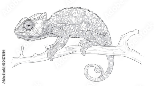 A monochrome line drawing of a chameleon perched on a branch. The image is highly detailed, showing the reptile's scales, eye, and curled tail. The branch is depicted with a textured