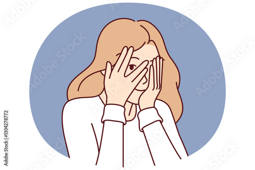 Woman covers eyes with hands and peeps, refusing to see unpleasant things and hiding from problems. Cute girl coquettishly covers face and peeps at your actions through crack in fingers