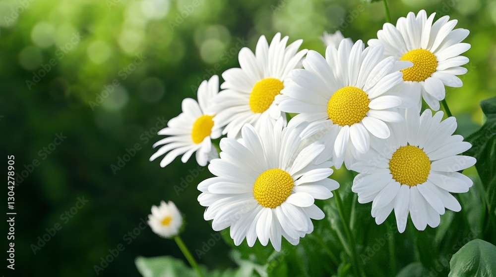 Fototapeta premium Closeup of White Daisies with Yellow Centers and Soft Green Bokeh Background