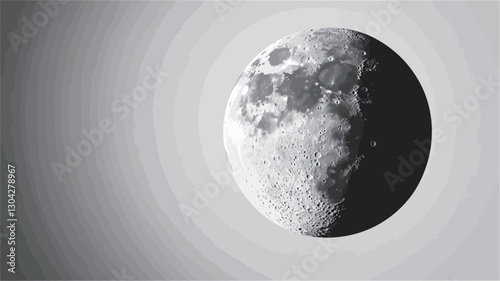 The image presents a stylized grayscale illustration of a celestial body, possibly a moon or planet, showing a partially illuminated surface.  The illustration style is somewhat textured,