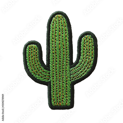 Simple cactus embroidery patch logo, desert green tones, clean stitch on the PNG Background. –