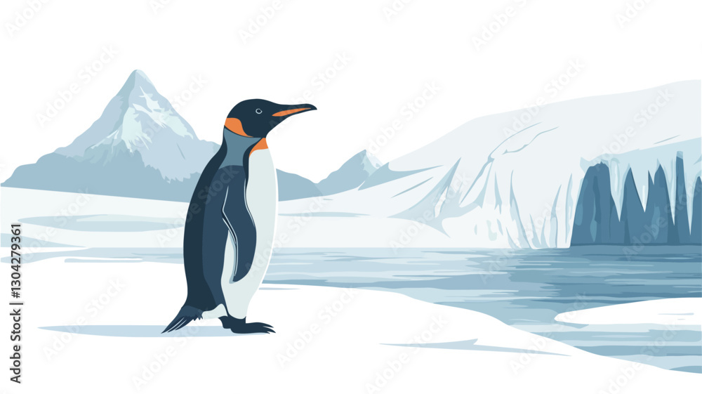 Fototapeta premium A digital painting or illustration depicts a single penguin standing on a snowy landscape. The penguin is centrally located and facing right. The background features a stylized, painterly