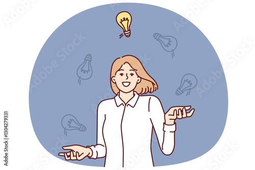 Business woman with lot of new ideas juggles light bulbs choosing best option to complete task assigned by manager. Smart girl with good ideas to launch own startup or move up career ladder