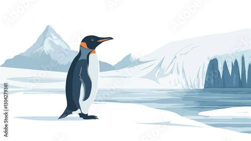 A digital painting or illustration depicts a single penguin standing on a snowy landscape. The penguin is centrally located and facing right.  The background features a stylized, painterly