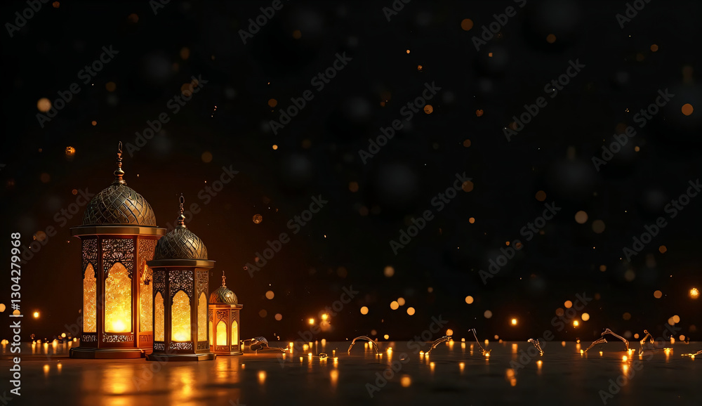 Fototapeta premium A black background featuring golden-colored Ramadan lanterns (fanous) of varying sizes arranged elegantly on the top side, glowing softly
