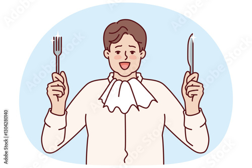 Fat man with napkin around neck holds fork and knife and prepares for hearty dinner and eating. Funny hungry guy rejoices at opportunity to eat food for concept of overeating and fighting obesity