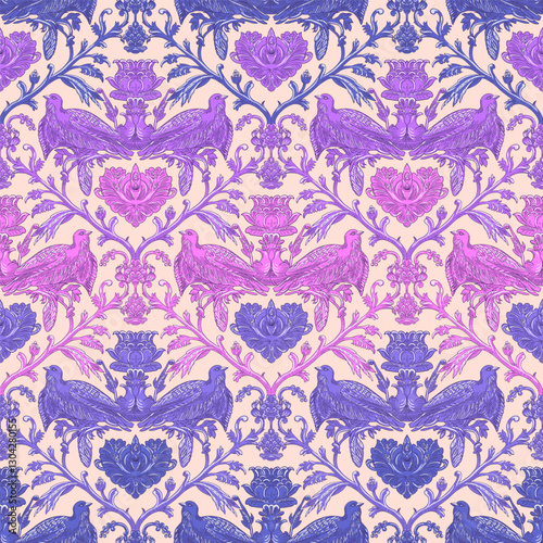 Birds and Floral Seamless Pattern: Elegant Vector Illustration for Fabrics, Wallpapers, and Packaging Design
