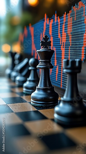 Chess pieces on board, market data background