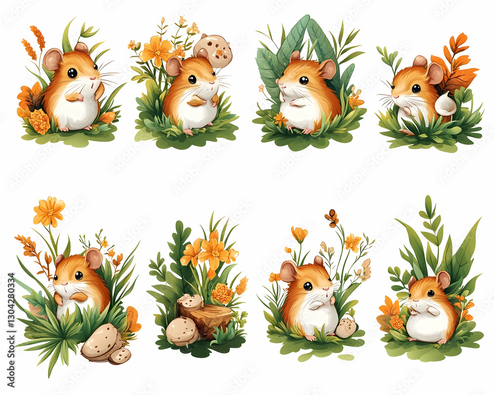 Naklejka premium Adorable Mice Posing in Springtime Floral Garden