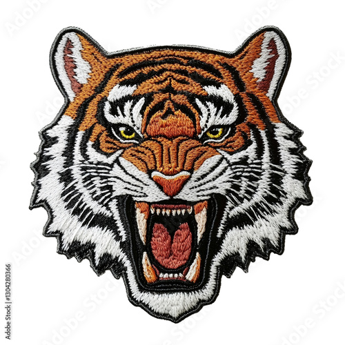 Tiger face embroidery patch logo, fierce expression, detailed stitching on the PNG Background. –