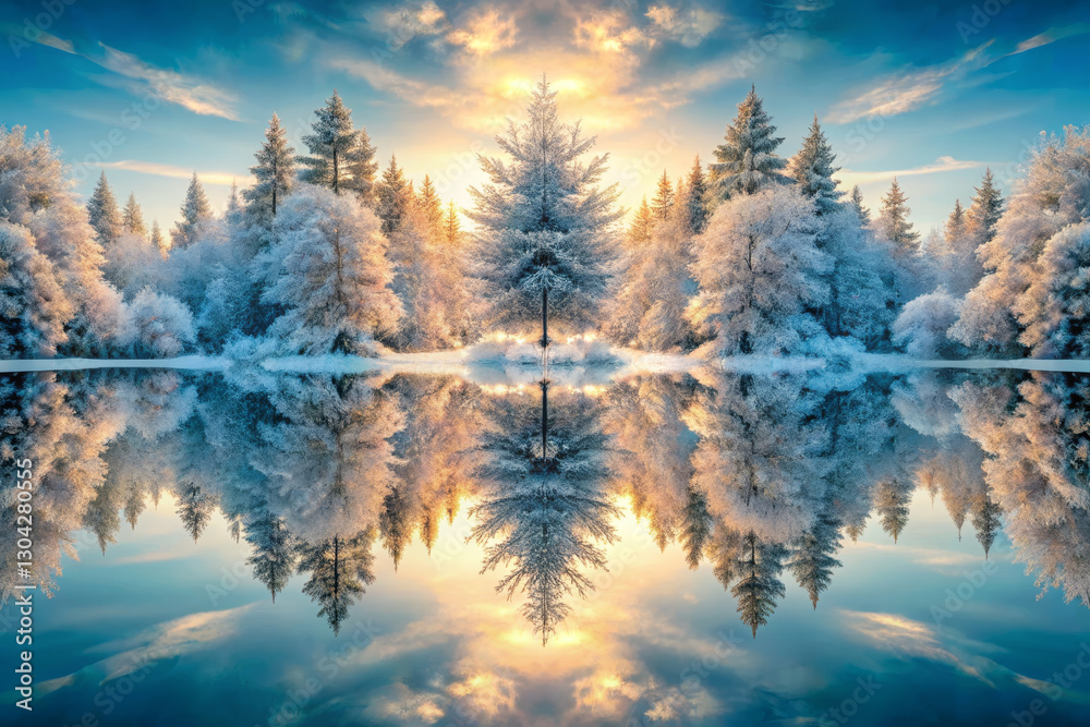 Obraz premium serene winter landscape with frosted trees and reflective lake