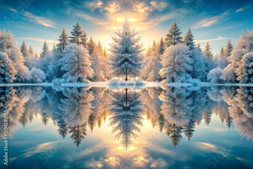 serene winter landscape with frosted trees and reflective lake