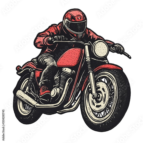 Vintage motorcycle embroidery patch logo, black and red, rugged look on the PNG Background. –