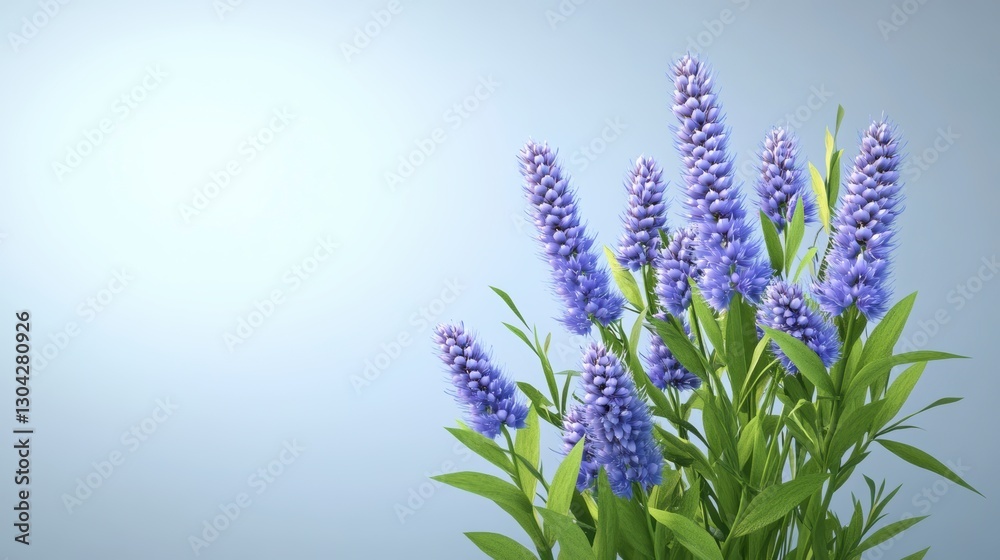 Delicate Light Purple Flowers and Green Leaves Against a Pale Blue Background Delicate Light Purple Flowers and Green Leaves Against a Pale Blue Background