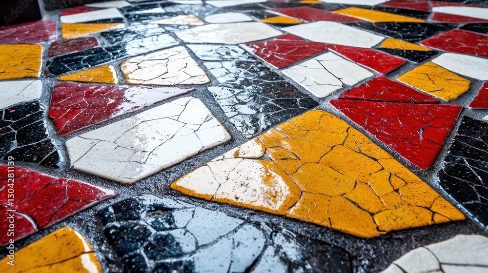 Fototapeta premium A mosaic tile floor with a red, white, and yellow design