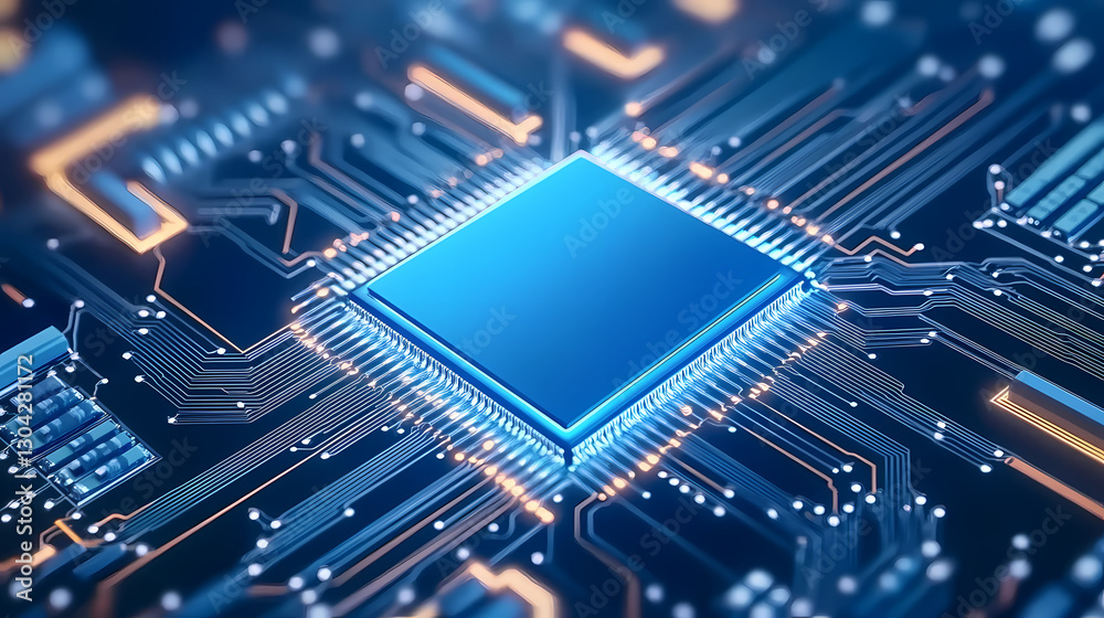 Blue Glowing Chip Surrounded by Gold and White Circuit Lines Blue Glowing Chip Surrounded by Gold and White Circuit Lines