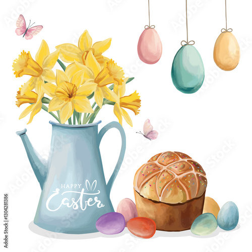 Easter painting with daffodil flowers in vase and easter brad colored eggs