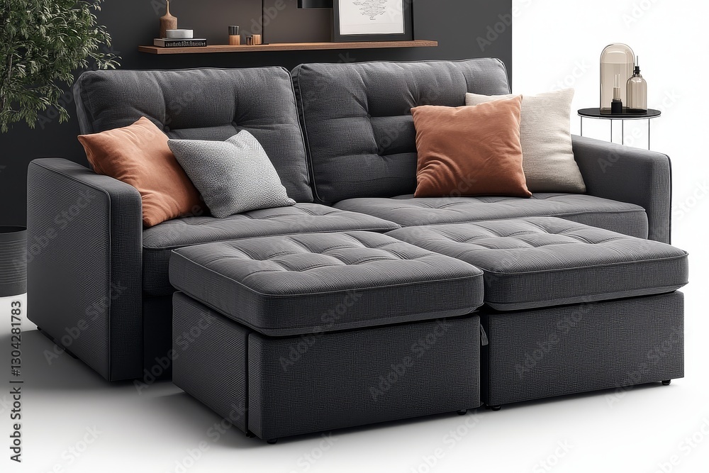 Fototapeta premium Gray chaise lounge sofa with backrest and armrest, featuring two side roll-out storage cabinets, placed against an accent wall.
