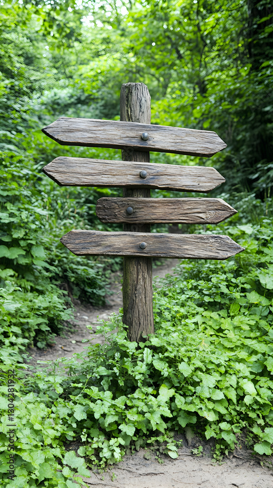 Blank Wooden Trail Signpost in Lush Forest Blank Wooden Trail Signpost in Lush Forest