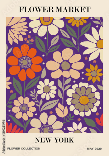 Abstract Flower Market New York poster. Trendy botanical wall art with floral design in danish pastel colors. Modern naive groovy funky interior decoration, painting. Vector art illustration.