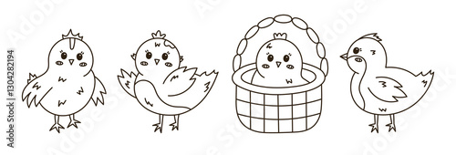 Line doodle set with lovely chick in different poses. Young baby chicken waving hello with wings, in the basket, side view. Scribble hand drawn farm bird as symbol of Easter isolated on background.