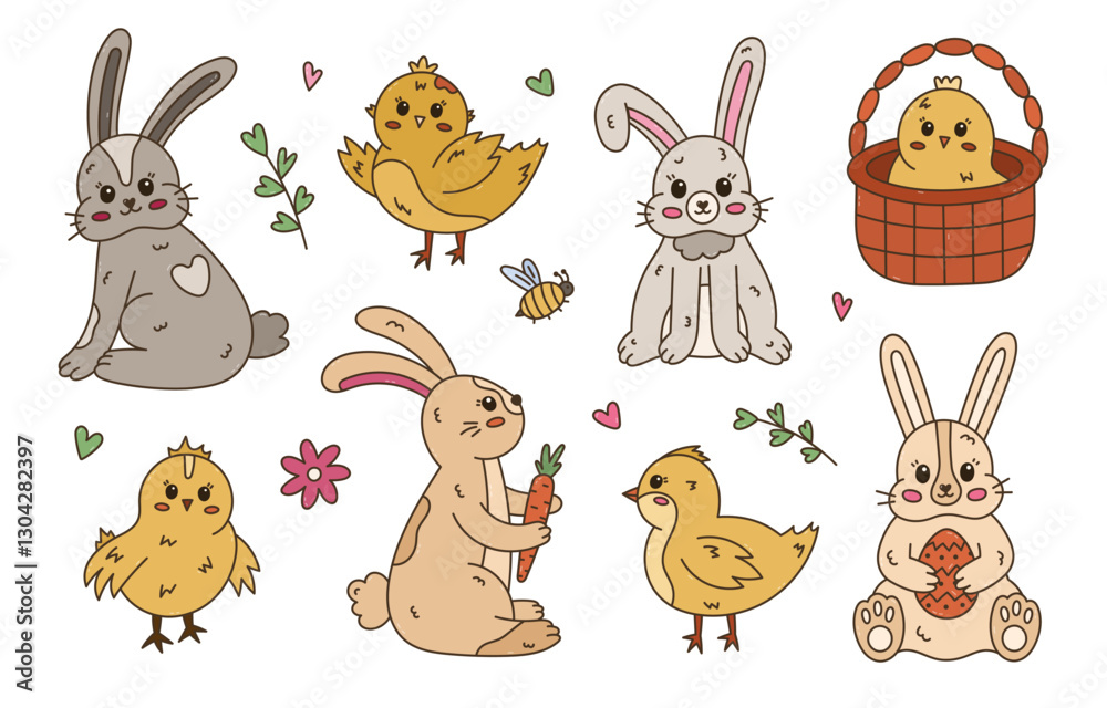 Lovely colored doodle set with Easter bunny and baby chick in different poses. Childish hand drawn rabbit holding Easter egg, with bent down ear, chicken waving wing. Sign of religious spring holiday.