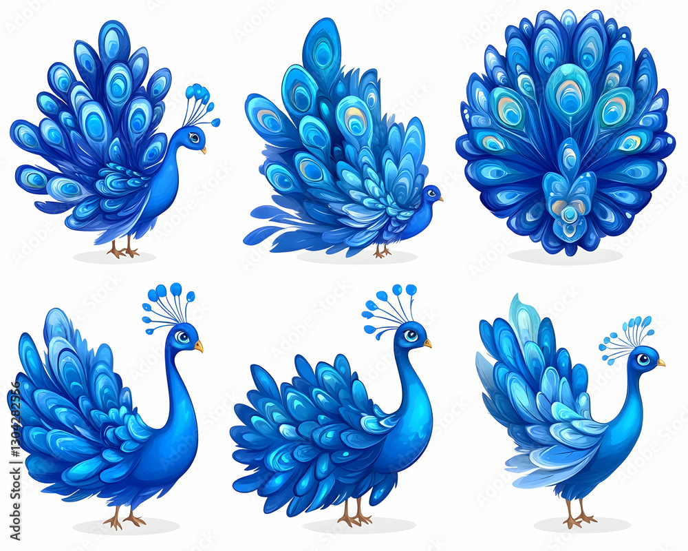Fototapeta premium Blue peacocks display various poses on white background