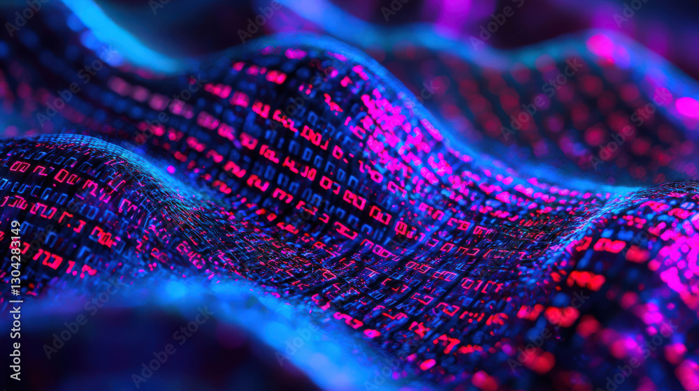 A blue-pink wave of numbers and letters. Coding. Data and information protection. The concept of artificial intelligence. Abstract futuristic background. The program code. Hacking the system A blue-pink wave of numbers and letters. Coding. Data and information protection. The concept of artificial intelligence. Abstract futuristic background. The program code. Hacking the system