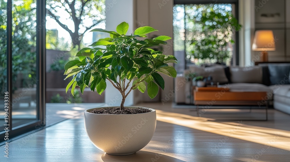 Fototapeta premium A verdant sentinel, a houseplant with vibrant leaves, stood proudly in a sleek, minimalist pot, its presence adding a splash of life to the modern interior, a testament to the beauty of nature is