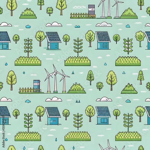 Eco Friendly Village Green Energy Homes Windmills and Solar Panels Seamless Pattern