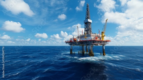 Offshore Oil Rig in a Blue Ocean Under Partly Cloudy Skies