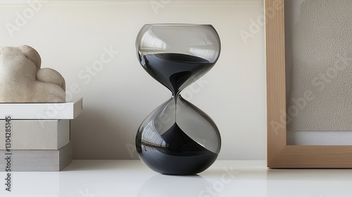A classic hourglass, its black sand flowing through a crystal-clear body, stands poised on a pristine white backdrop, evoking a sense of time is passage and the fleeting nature of moments.