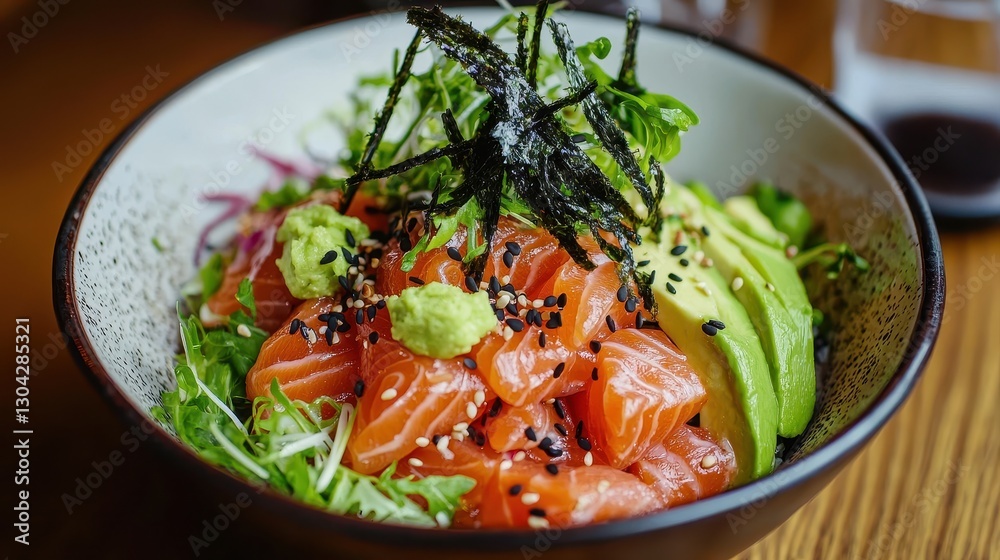 A colorful bowl of fresh salmon, avocado, and greens, topped with seaweed and sesame seeds, showcasing a vibrant and healthy dish. A colorful bowl of fresh salmon, avocado, and greens, topped with seaweed and sesame seeds, showcasing a vibrant and healthy dish.