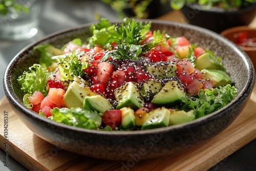 
Salad with greens, avocado, chia seeds and other healthy ingredients on a wooden plate.

