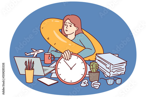 Sad woman freelancer dreams about travel and sits at office desk with inflatable swim ring around neck. Businesswoman is frustrated because of long absence of summer vacation and wants to go to travel