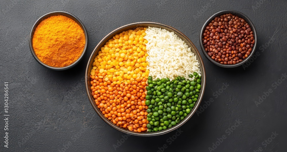 A vibrant display of assorted lentils and spices in bowls, showcasing a colorful arrangement of ingredients on a dark surface. A vibrant display of assorted lentils and spices in bowls, showcasing a colorful arrangement of ingredients on a dark surface.