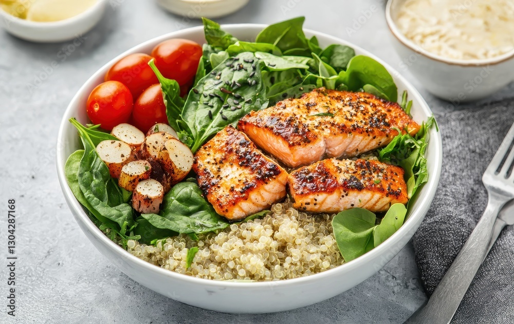 A vibrant bowl featuring grilled salmon, quinoa, fresh spinach, cherry tomatoes, and a drizzle of sauce, embodying a healthy, delicious meal. A vibrant bowl featuring grilled salmon, quinoa, fresh spinach, cherry tomatoes, and a drizzle of sauce, embodying a healthy, delicious meal.