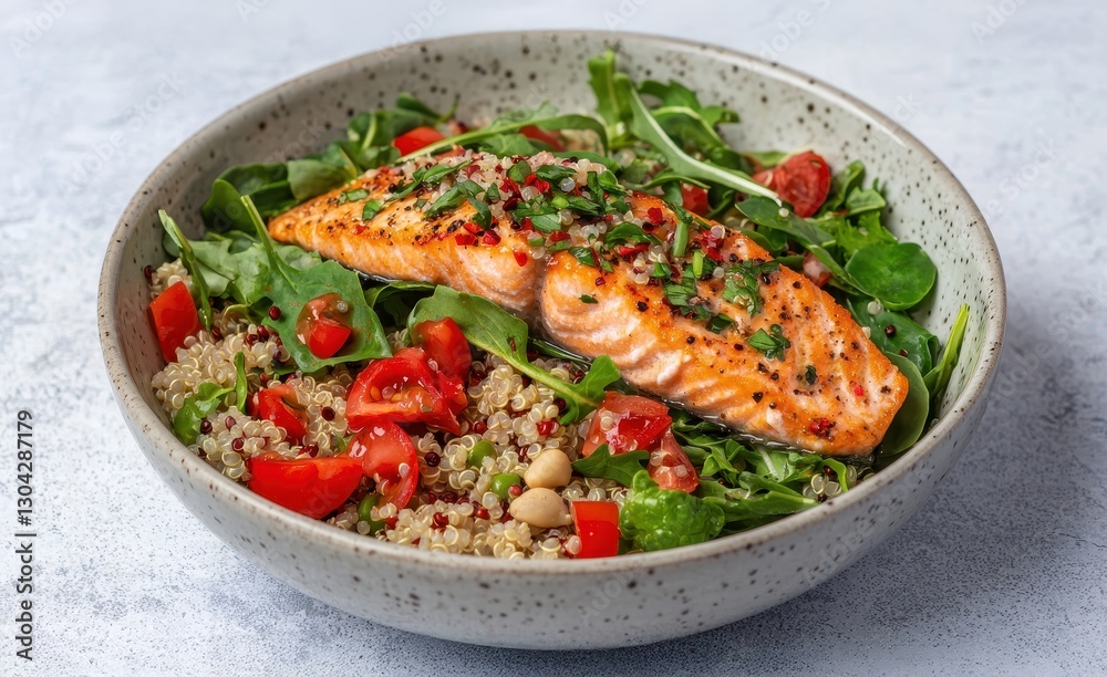 A vibrant bowl featuring grilled salmon atop a mix of quinoa, tomatoes, and fresh arugula, emphasizing a healthy, nutritious meal. A vibrant bowl featuring grilled salmon atop a mix of quinoa, tomatoes, and fresh arugula, emphasizing a healthy, nutritious meal.