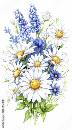 Daisies, lavender, cornflowers bouquet, watercolor illustration